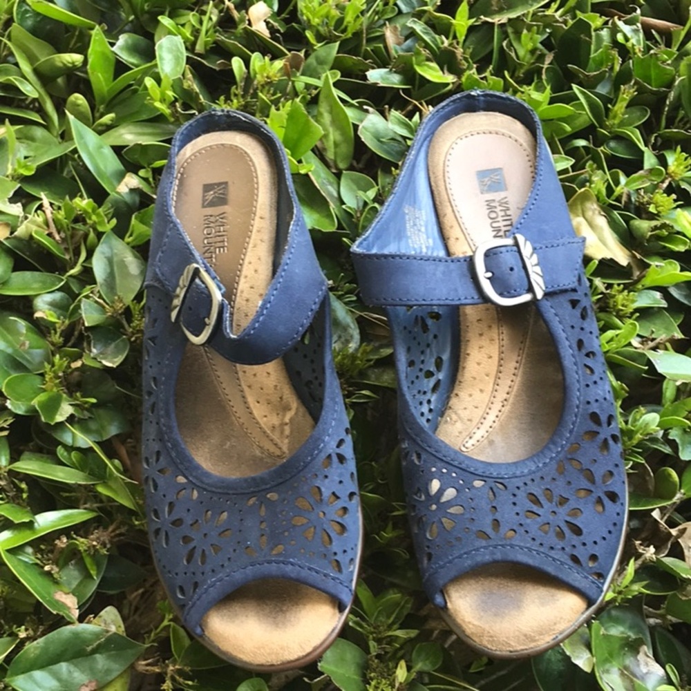A cool mule….  Navy Mary Jane with peep toes. Size 6 M.